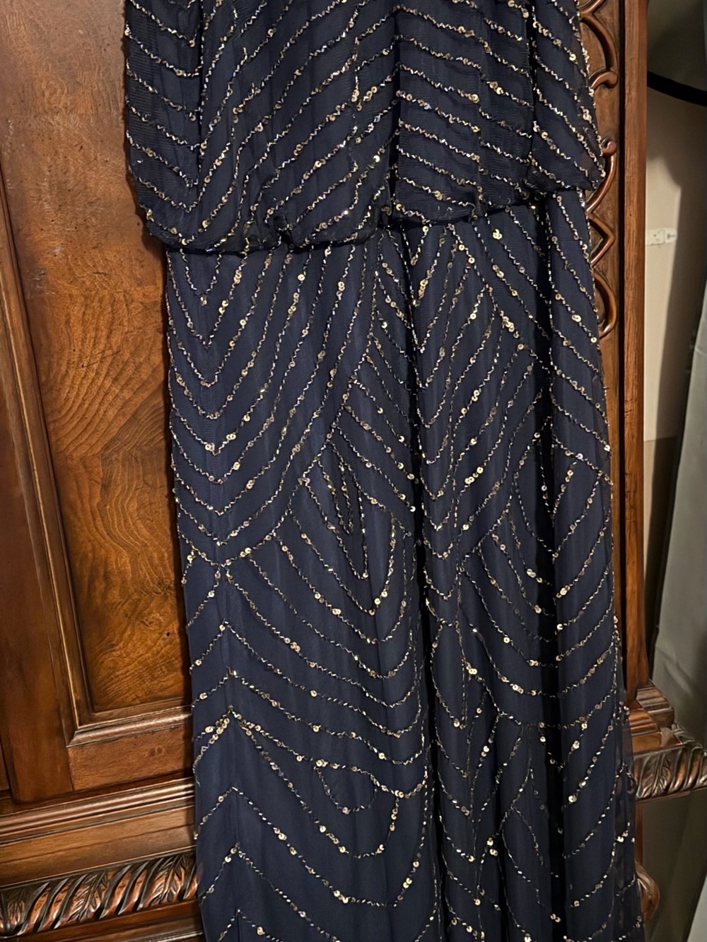 Adrianna Papell Navy Gown with Gold Sequin Wave Detail